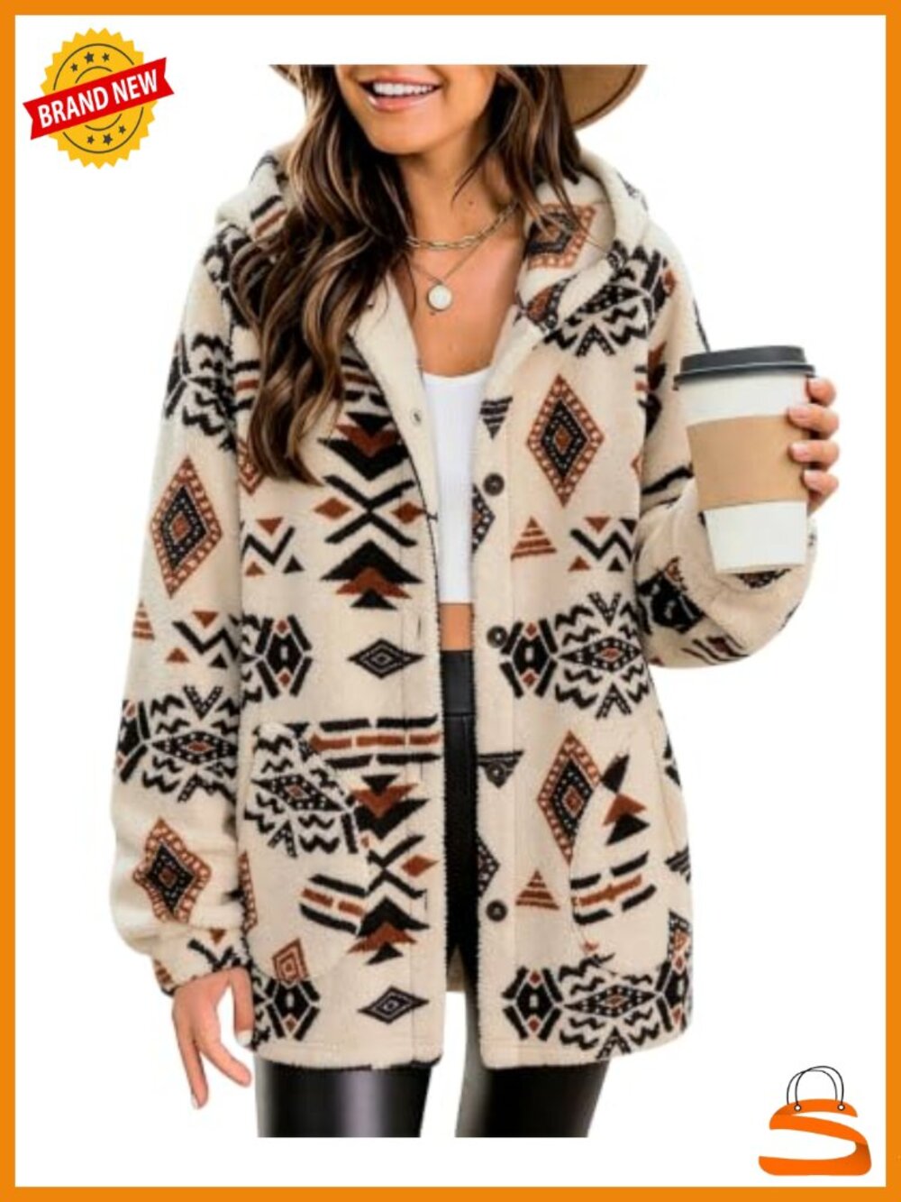 Aztec Print Fleece Hoodie Shacket Button Down Sherpa Coat Relaxed Fit
